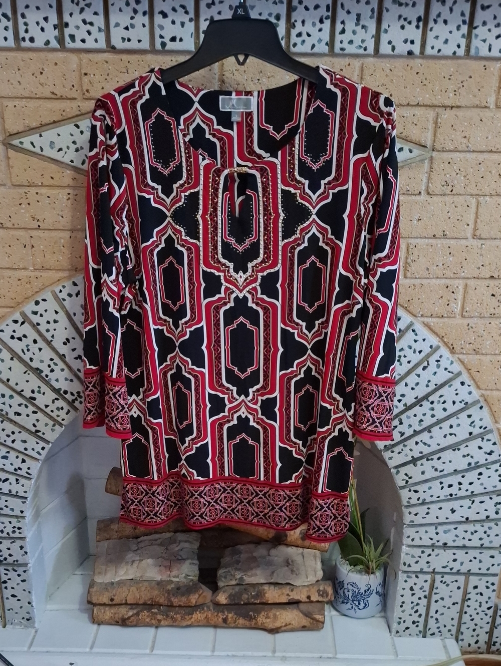 JM Collection Red, Black and Cream Geometric Long-Sleeve Tunic